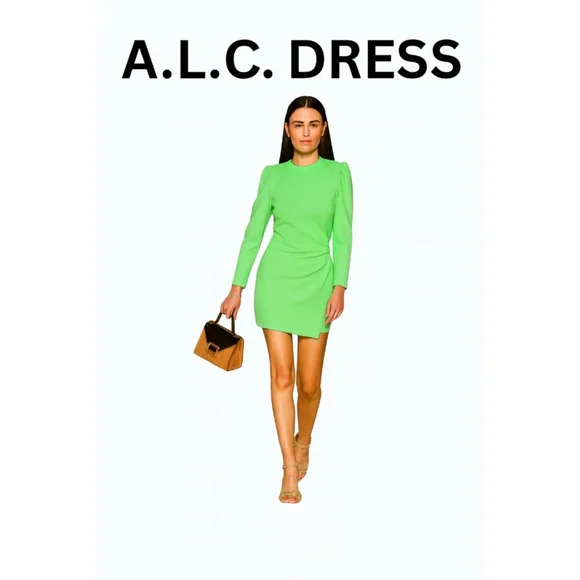 A.L.C. Lime Green Long Sleeve Asymmetrical Mini Dress Sizes 6, & 8 - Picture 3 of 6